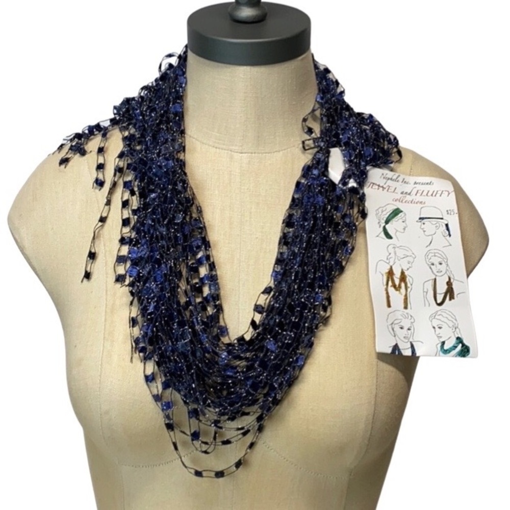 JEWEL AND FLUFFY PRESENTS ALL IN ONE SCARF *. NECKLACE* BELT* HATBAND* HEADBAND